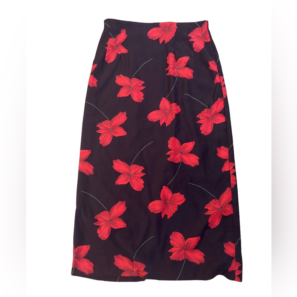 Vintage Briggs Black Red‎ Floral Midi Skirt Size 12 Made in USA 90s